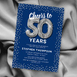 Blue Silver 50. Geburtstag Einladung<br><div class="desc">Elegante 50. Geburtstagsfeier mit einem stilvollen blauen Hintergrund,  der in jede Farbe verändert werden kann,  silberfarbenem funkelnd Glitzer,  fünfzig silbernen Helliumballons und einem modernen,  leicht personalisierbaren 50. Geburtstagsgeschenk.</div>