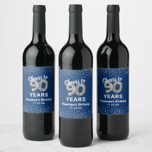 Blue Silver 90th Birthday Vin Étiquette