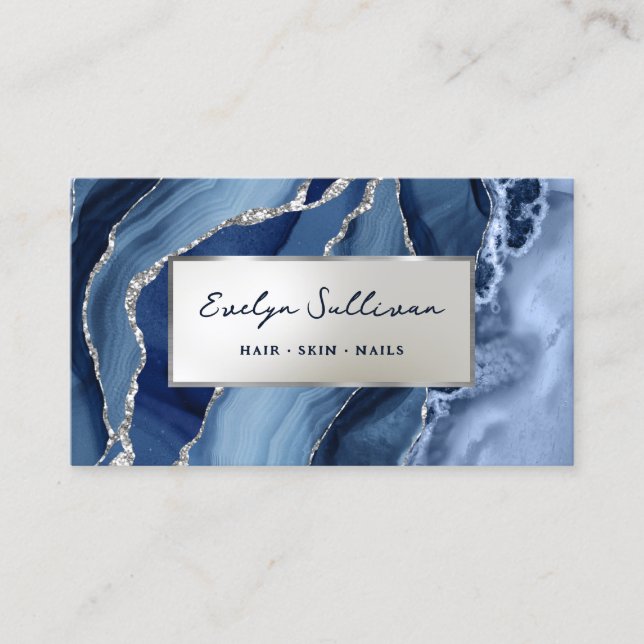Blue Silver Agate Business Card Visitenkarte (Vorderseite)