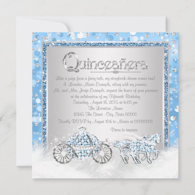 Blue Silver Aschenputella Princess Quinceanera Einladung (Vorderseite)
