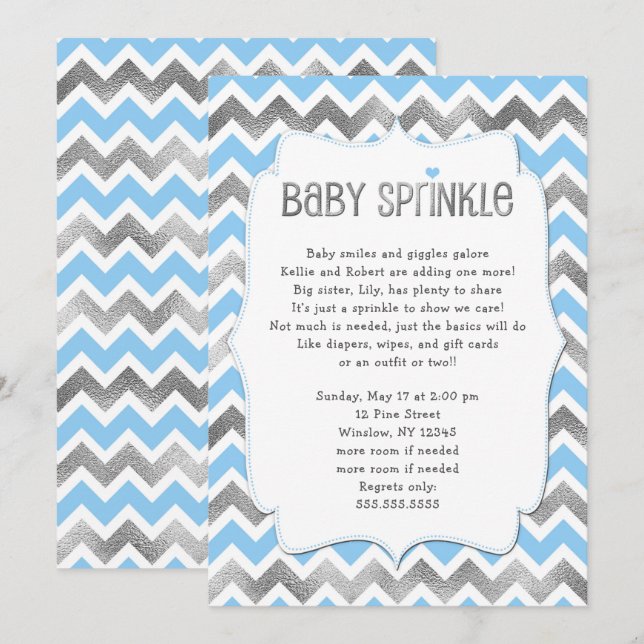Blue Silver Baby Sprinkboy Baby Dusche lädt ein Einladung (Vorne/Hinten)