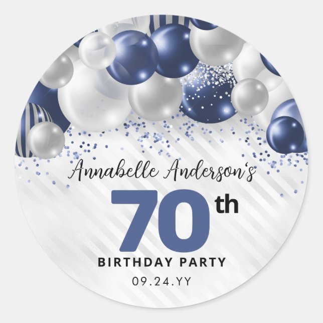 Blue Silver Balloon Glitzer Gefallen am 70. Geburt Runder Aufkleber (Vorderseite)