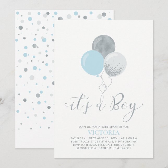 Blue & Silver Balloons | Es ist eine Baby-Dusche Einladung (Vorne/Hinten)