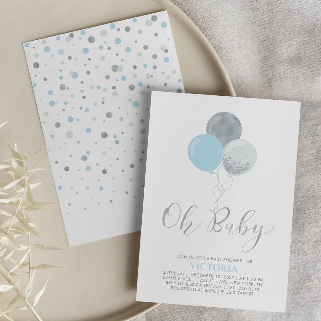 Blue & Silver Balloons | Oh Baby Boy Baby Dusche Einladung (Von Creator hochgeladen)