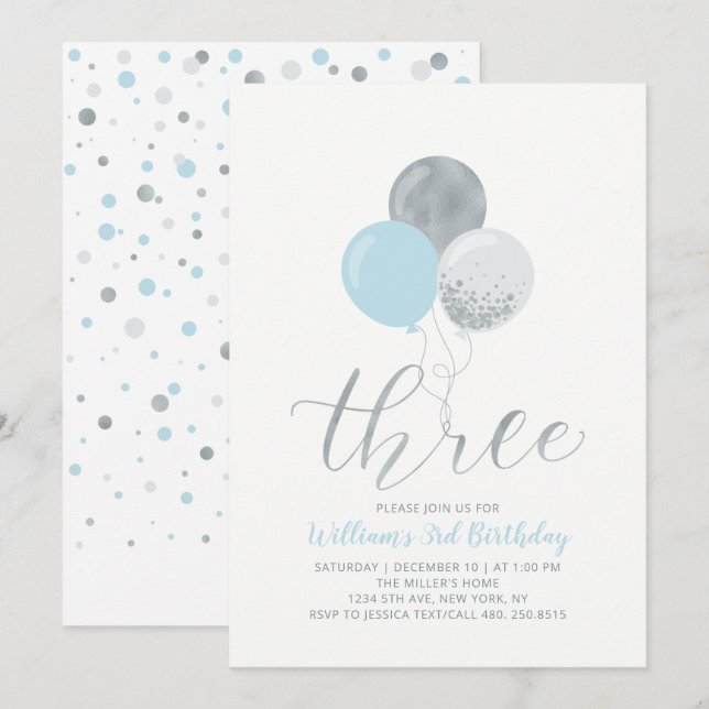 Blue & Silver Balloons | Three Boys 3. Geburtstag Einladung (Vorne/Hinten)