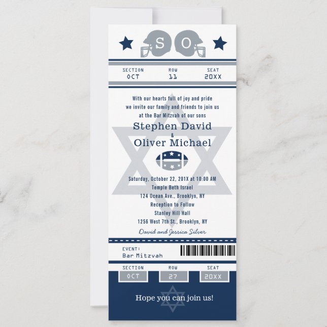 Blue Silver Bar Mitzvah für Twins Football Ticket Einladung (Vorderseite)