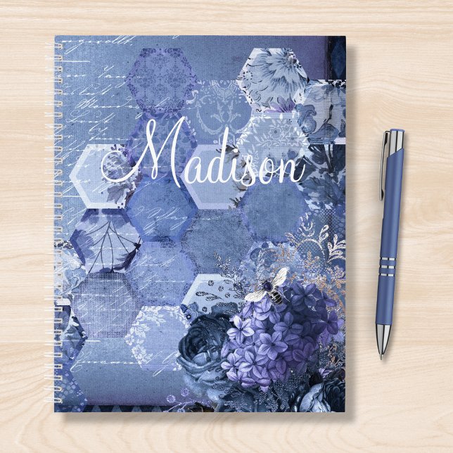 Blue Silver Bee Floral Girly Chic Modern Name Notizbuch (Von Creator hochgeladen)