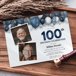Blue Silver Black & White 100. Geburtstag 2 Foto Einladung