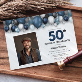 Blue Silver Black & White 50. Geburtstag Foto Einladung