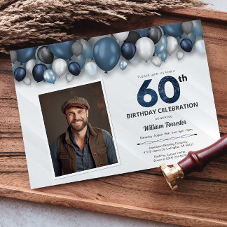 Blue Silver Black & White 60. Geburtstag Foto Einladung