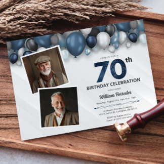 Blue Silver Black & White 70. Geburtstag 2 Foto Einladung