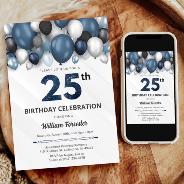Blue Silver Black & White Invitation 25e anniversa (Blue Silver Black & White 25th Birthday Invitation)
