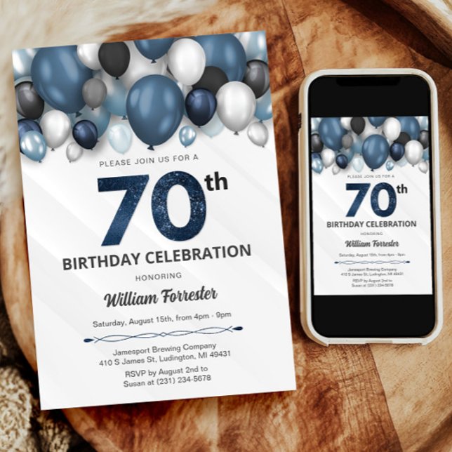 Blue Silver Black & White Invitation 70e anniversa (Blue Silver Black & White 70th Birthday Invitation)