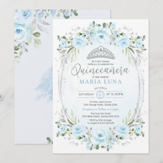 Blue Silver Blumenkronprinzessin Quinceañera Einladung