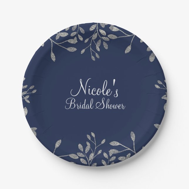 Blue & Silver Botanical Moderne Elegante Hochzeit Pappteller (Vorderseite)