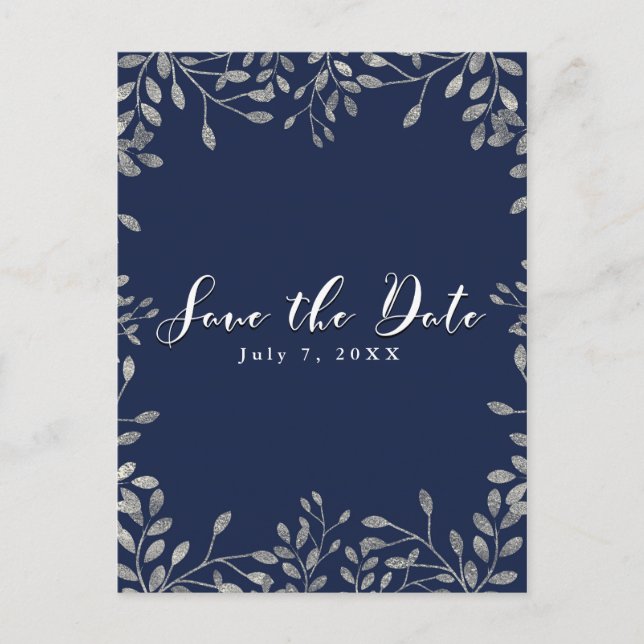 Blue & Silver Botanical Wedding Save the Date Ankündigungspostkarte (Vorderseite)
