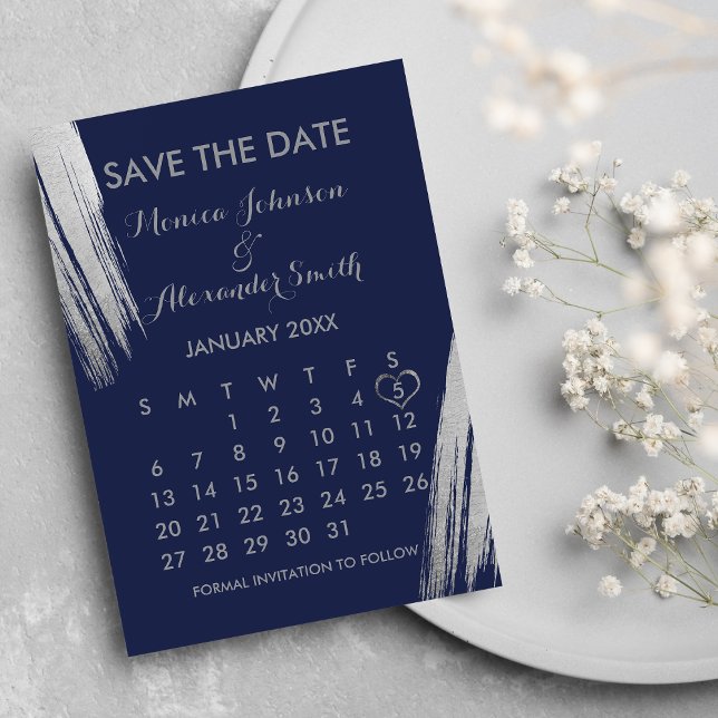 Blue Silver Brushstrokes Calendar Wedding Save The Date (Navy Blue Silver Brushstrokes Calendar Wedding Save The Date)