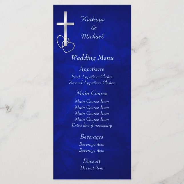 Blue Silver Christlich Cross Wedding Menu Menükarte (Vorderseite)
