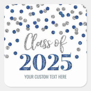 Blue Silver Confetti Abschluss 2025 Quadratischer Aufkleber