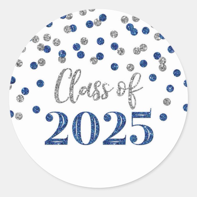 Blue Silver Confetti Abschluss 2025 Runder Aufkleber (Vorderseite)