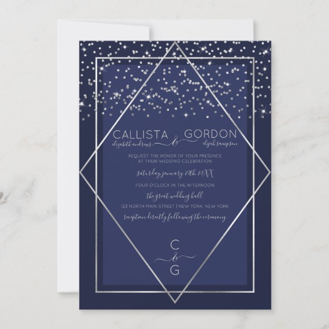 Blue Silver Confetti Geo Border Wedding Einladung (Vorderseite)