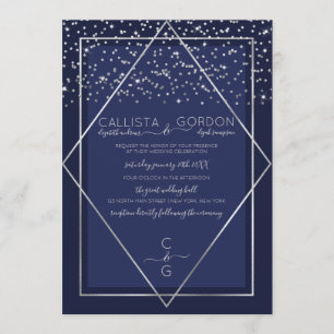 Blue Silver Confetti Geo Border Wedding Einladung