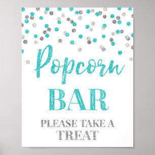 Blue Silver Confetti Popcorn Bar Sign Poster