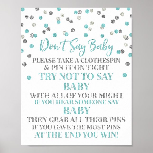 Blue Silver Confetti Sage kein Baby Game Sign Poster (Vorne)