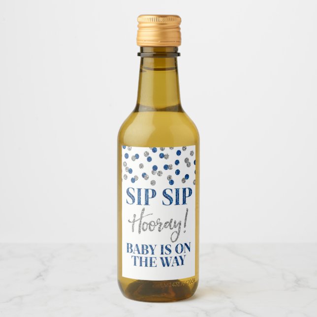 Blue Silver Confetti Sip Hooray Babydusche Weinetikett (Vorderseite)