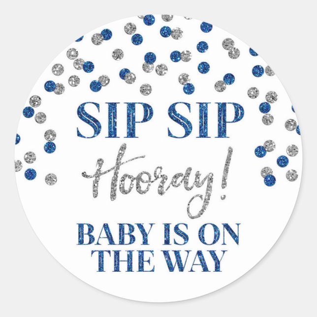 Blue Silver Confetti Sip Hooray Runder Aufkleber (Vorderseite)