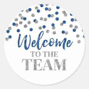 Blue Silver Confetti Willkommen im Team Runder Aufkleber