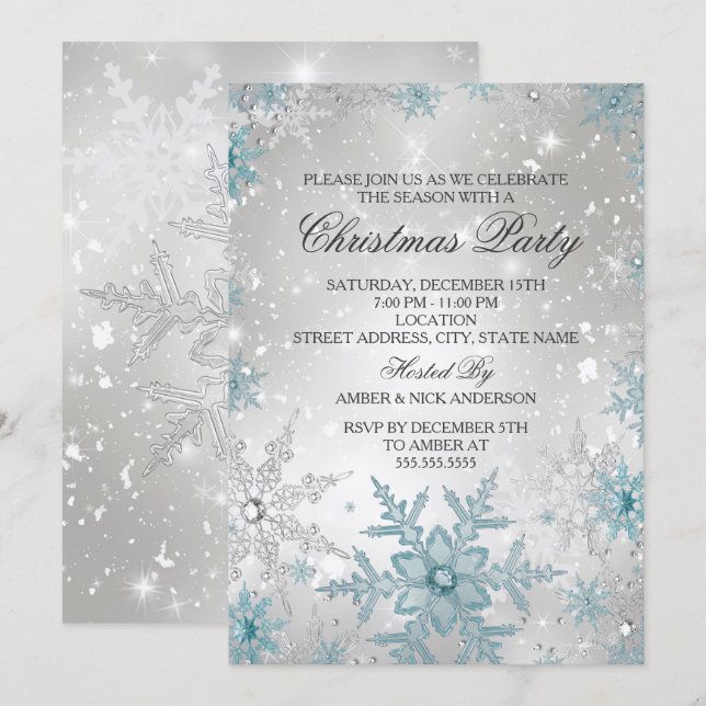 Blue & Silver Crystal Snowflake Weihnachten Party Einladung (Vorne/Hinten)