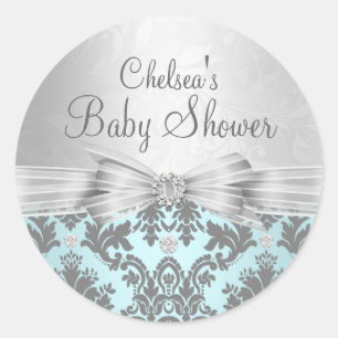 Blue & Silver Damask Baby Shockaufkleber Runder Aufkleber