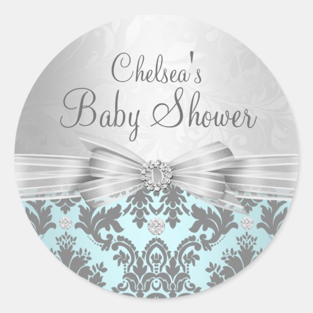 Blue & Silver Damask Baby Shockaufkleber Runder Aufkleber (Vorderseite)