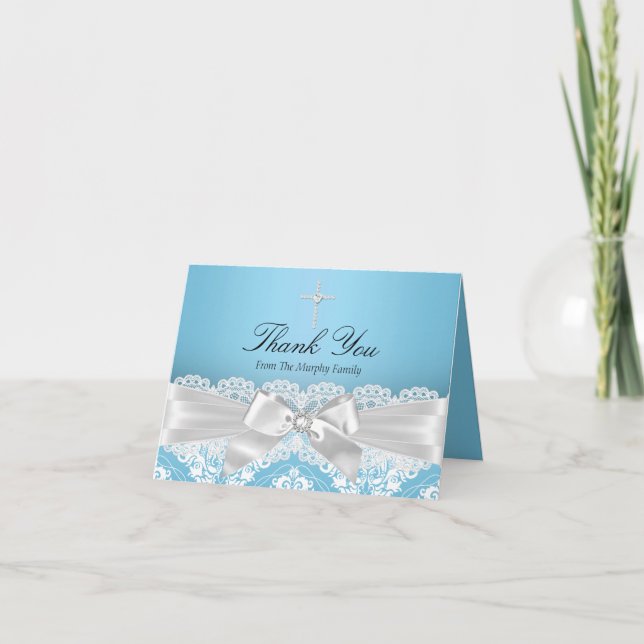Blue Silver Damask & Bow Taufe Danke Karte (Vorderseite)