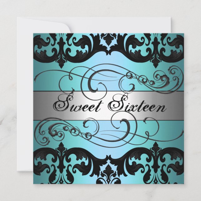 Blue & Silver Damask Sweet 16 Birthday Einladung (Vorderseite)
