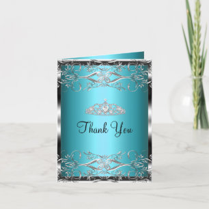 Blue Silver Damask & Tiara Sweet16 Dankeschön Kart Dankeskarte