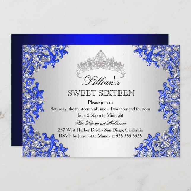 Blue Silver Damask Tiara Sweet 16 Invitation (Devant / Derrière)