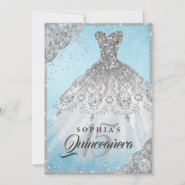Blue Silver Diamond Lace Sparkle Gown Quinceanera Einladung