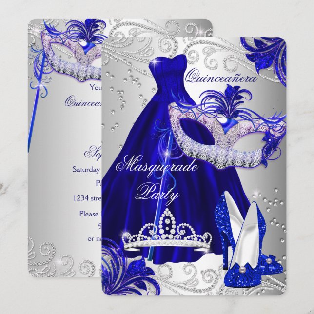 Blue & Silver Dress masquerade Quinceanera laden Einladung (Vorne/Hinten)