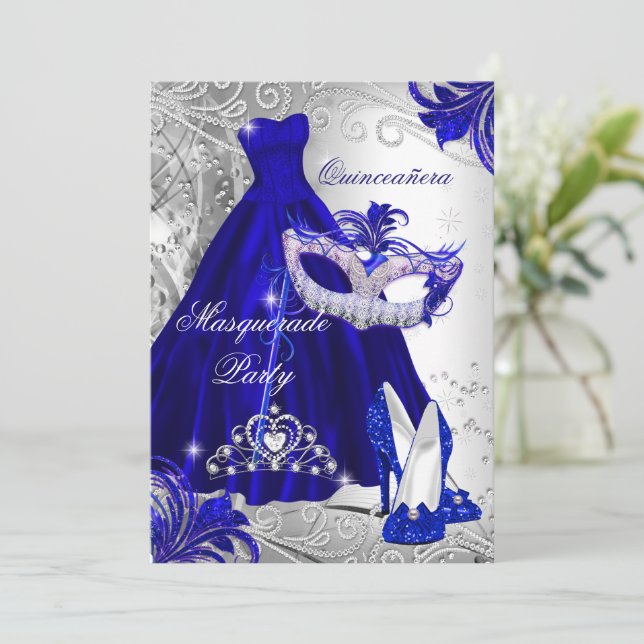 Blue Silver Dress masquerade Quinceanera Tiara Einladung (Stehend Vorderseite)