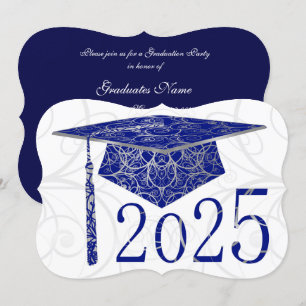 Blue & Silver Floral Cap 2025 Graduation Party Einladung