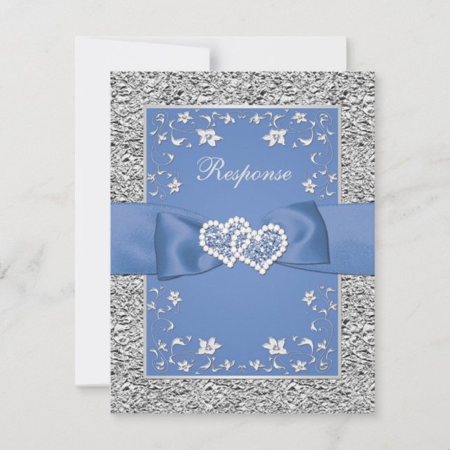 Blue Silver Floral Hearts FAUX Foil Wedding RSVP (Devant)