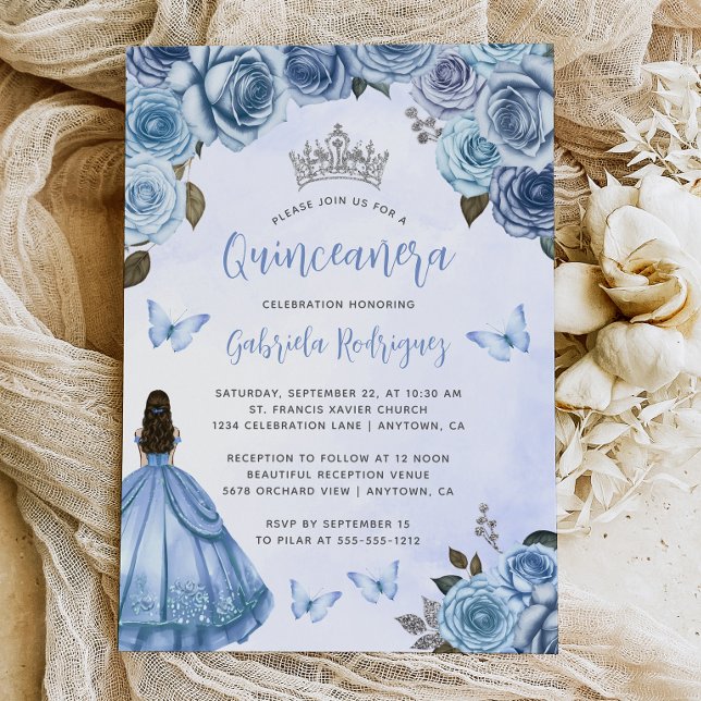 Blue Silver Floral Watercolor Quinceañera Einladung (Von Creator hochgeladen)