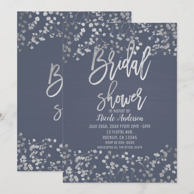 Blue Silver Foil Babys atmen Modernes Brautparty Einladung (Vorne/Hinten)