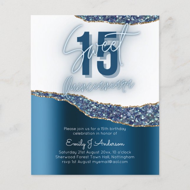 Blue Silver Foil Glitzer Quinceanera 15. F Flyer (Vorne)