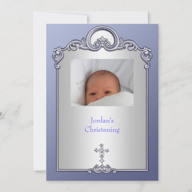 Blue Silver Foto Frame Jewel Cross Christening Einladung (Vorderseite)