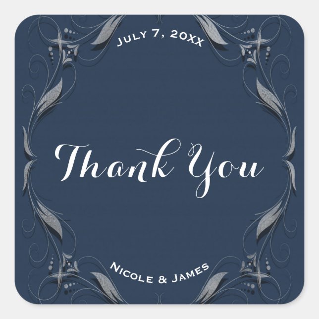 Blue & Silver Frame Elegante Wedding Gefallen Cust Quadratischer Aufkleber (Vorderseite)