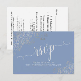 Blue & Silver Frills Elegante Calligraphy Wedding RSVP Karte
