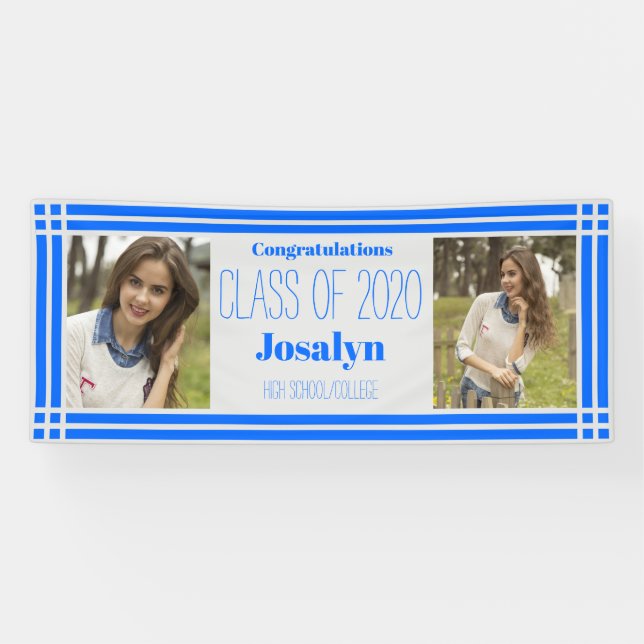 Blue Silver Geometric Two Fotos Abschluss Banner (Horizontal)